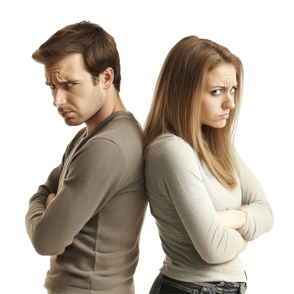 Unhappy couple sits back to back in isolation, expressing sadness and conflict during a difficult moment, unhappy couple isolated on transparent png