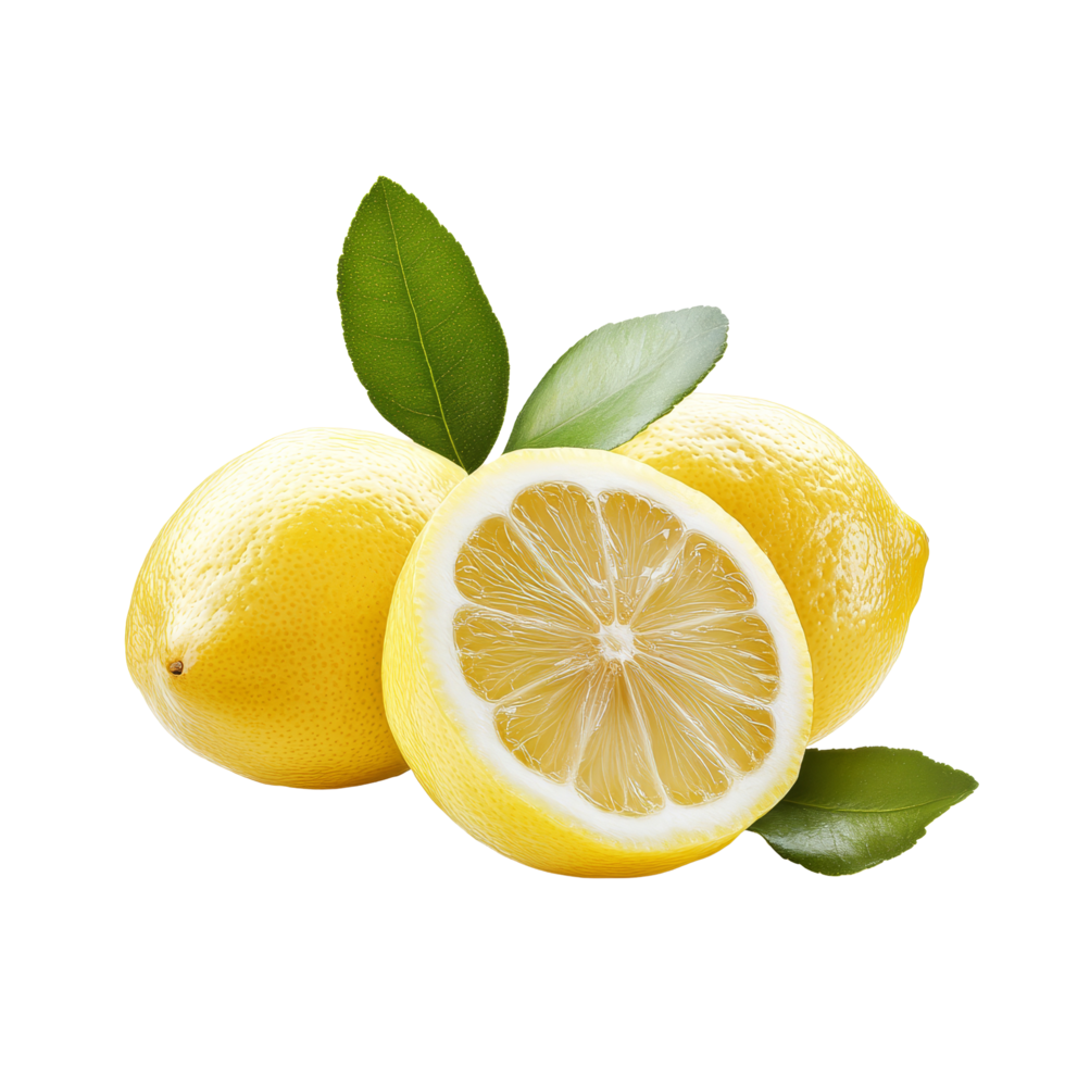 Fresh lemons with leaves on a transparent background, showcasing ... Fresh lemons with leaves on a transparent background, showcasing ...