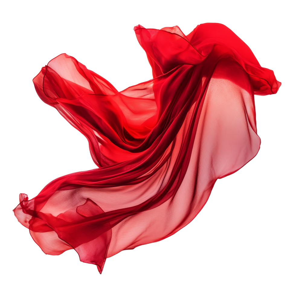 A vibrant red silk fabric gracefully floats against a bright transparent background, creating a striking visual contrast, Flying Red Silk on transparent background png