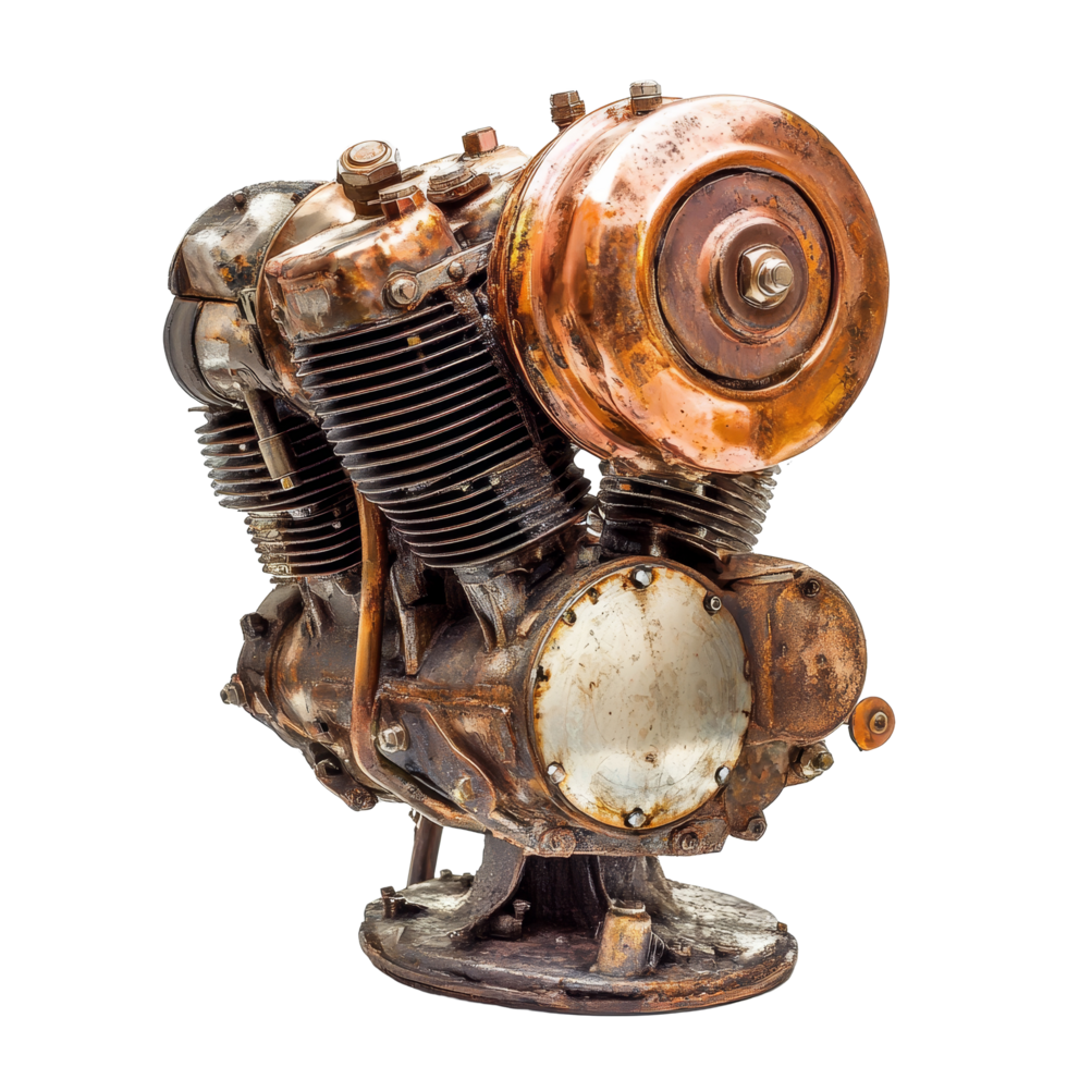 Vintage motor copper engine displayed on a clean transparent background showcasing intricate details and craftsmanship, Motor copper on transparent background png