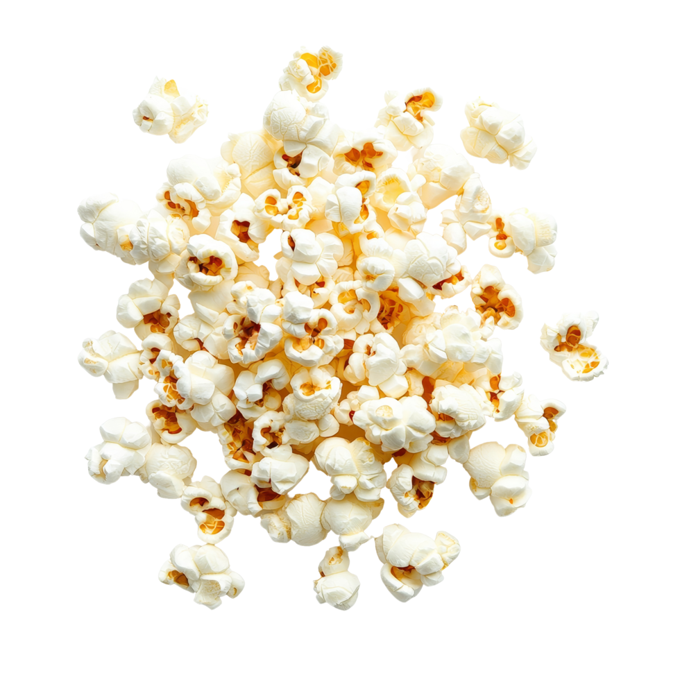 Freshly popped popcorn scattered on a transparent background, perfect for snacking during movie night or gatherings, popcorn isolated on transparent background png