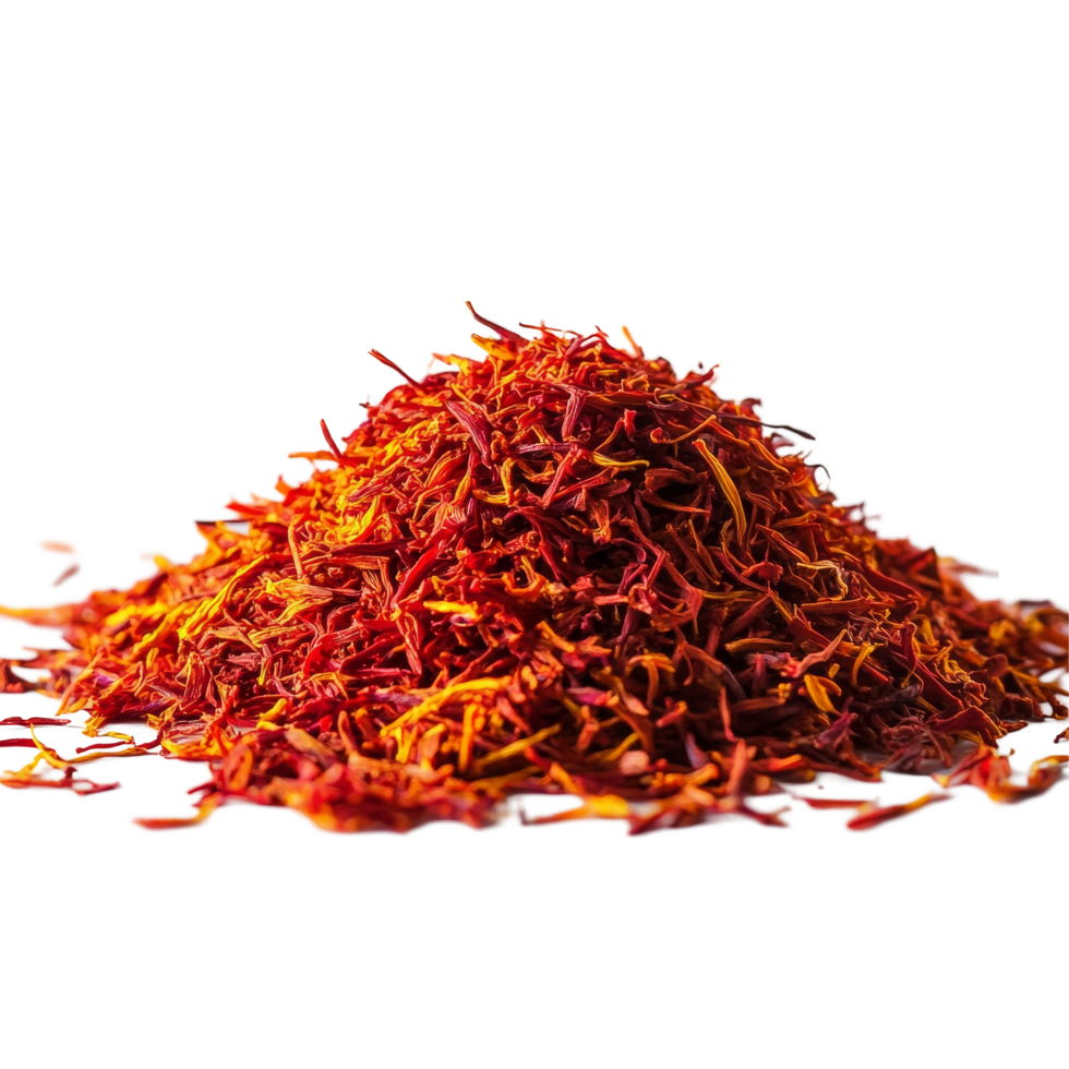 A vibrant heap of saffron spice showcasing its bright red and yellow hues against a plain background, Isolated heap of saffron spice png