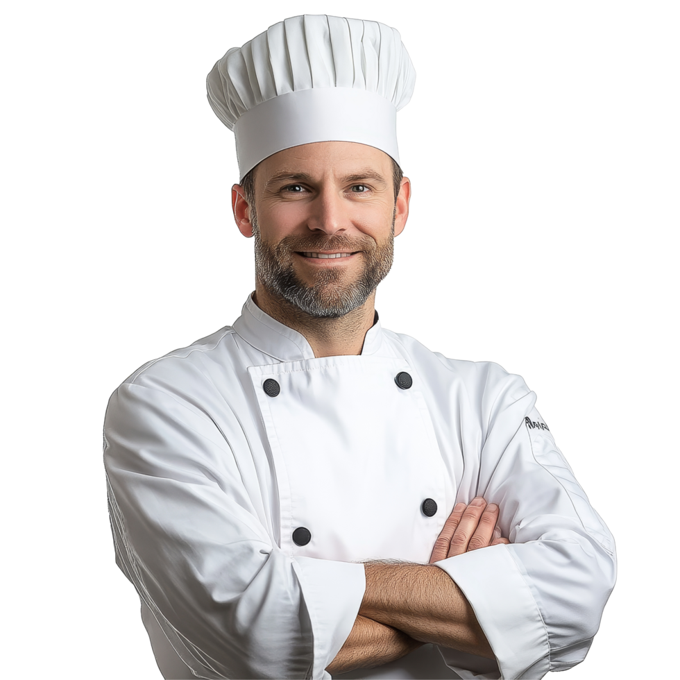 Executive chef in a professional uniform posing confidently against a transparent background in a culinary setting, Executive chef on transparent background png