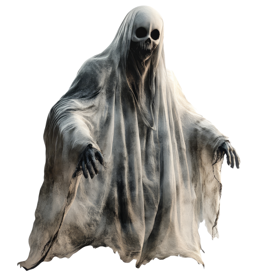 Isolated scary ghost with hollow eyes and tattered cloak hauntingly floating against a stark transparent background, Scary ghost isolated on transparent background png