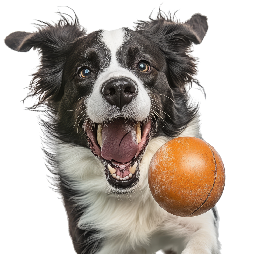 Joyful dog chasing a ball with a playful expression in an isolated setting, dog play ball in motion, look on camera, isolated transparent background png