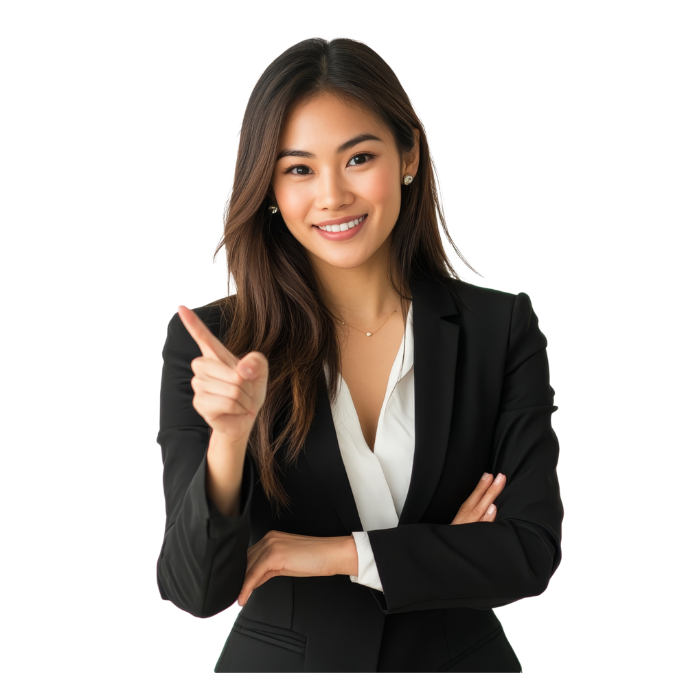 Confident Asian businesswoman gesturing and pointing in a bright office setting during a strategic meeting, Confident Asian Businesswoman Pointing Something on transparent background png