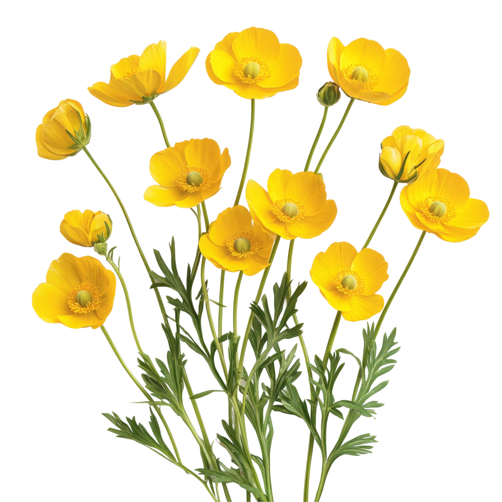 Bright buttercup flowers in vivid yellow, beautifully arranged isolated on a transparent background, Buttercup flowers isolated on transparent background cutout png