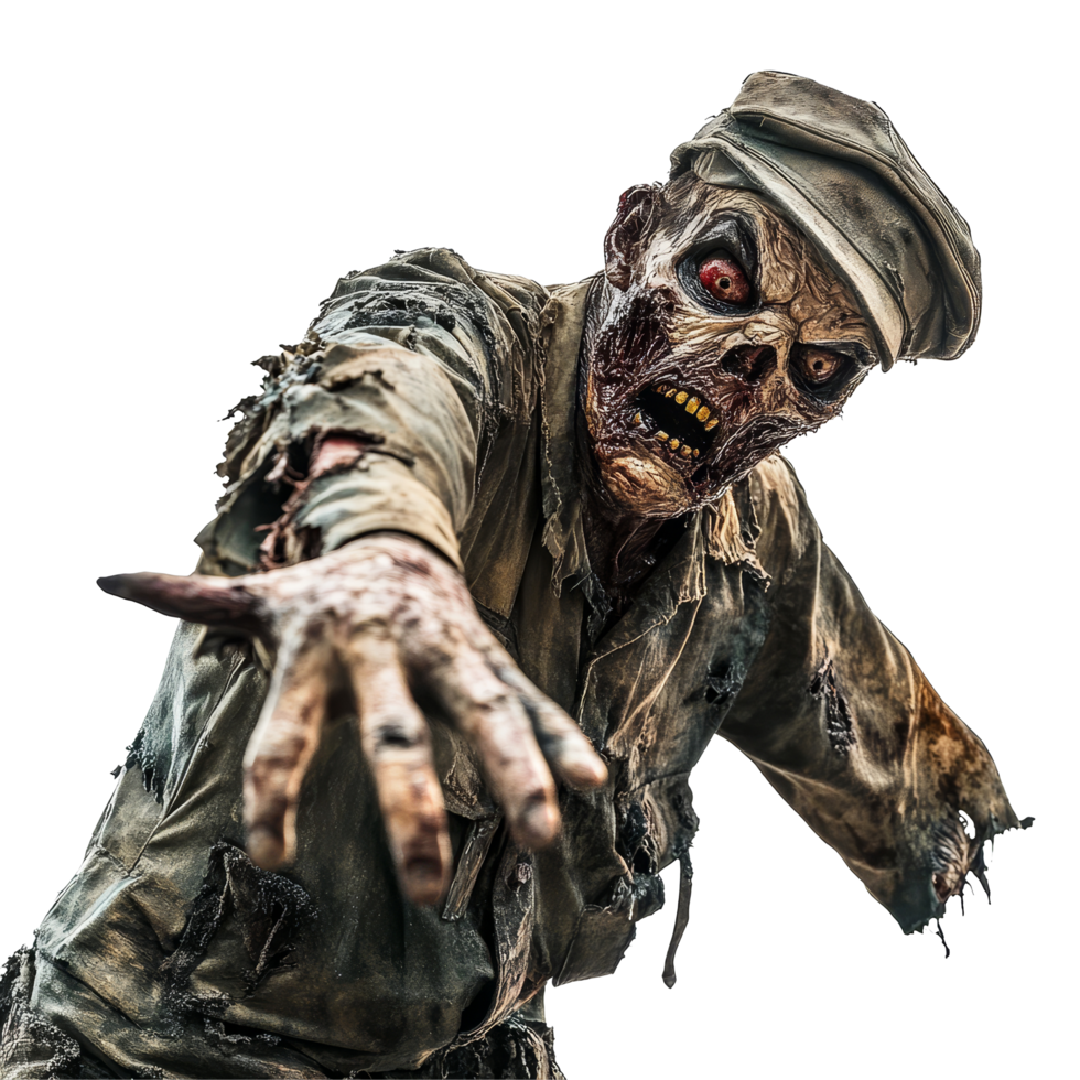 Military zombie with tattered uniform reaching out in a chilling pose against a pure transparent background, Military zombie on transparent background png