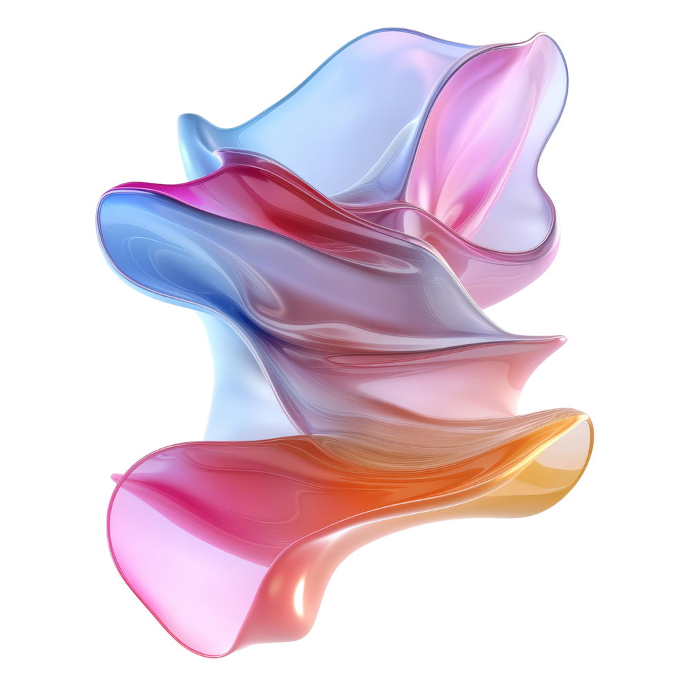 Multicolored flowing abstract design featuring iridescent transparent hues in soft curves and shapes, 3d rendering multicolored flowing abstract iridescent wave shape isolated transparent background cutout png