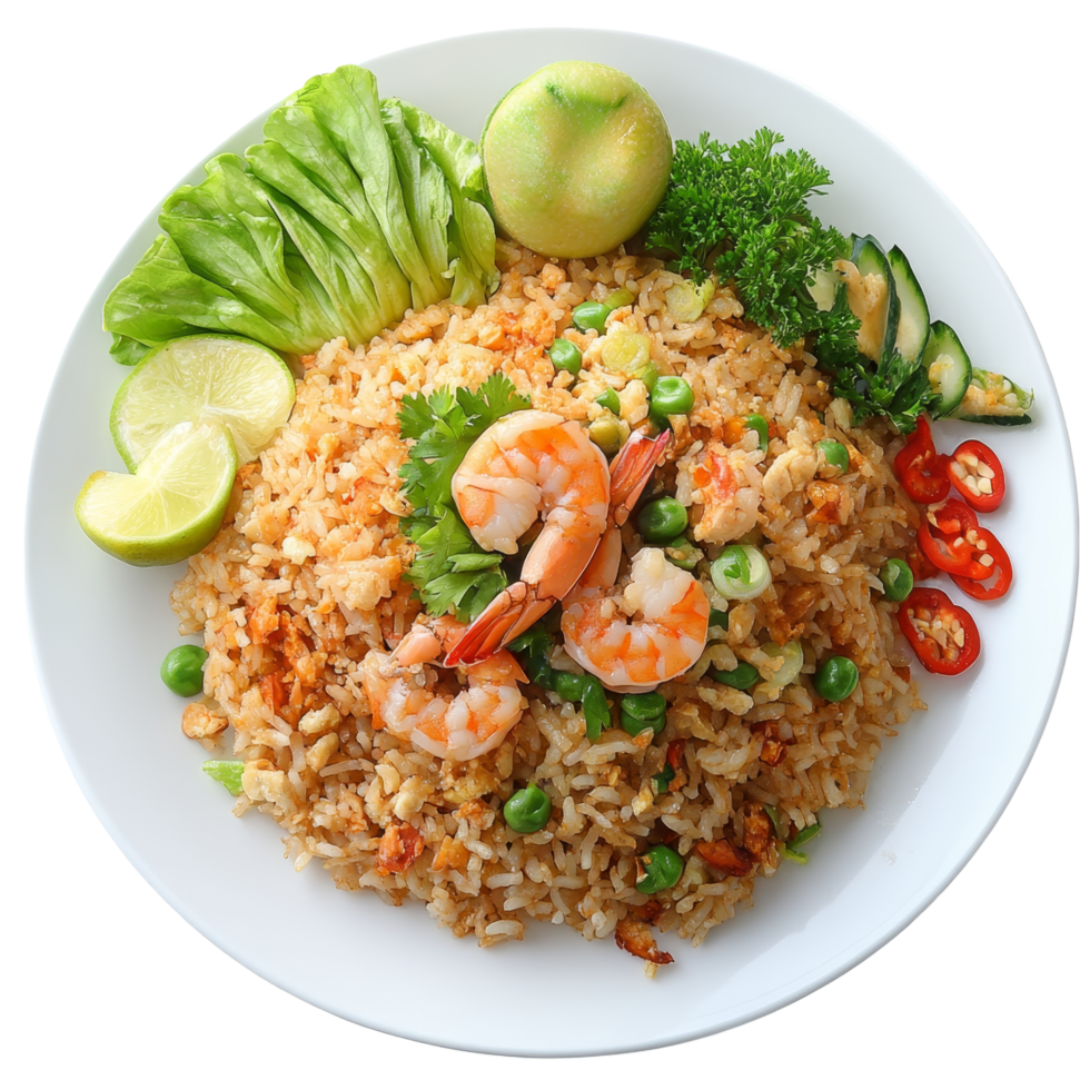 Delicious Thai fried rice with shrimp paste garnished with fresh vegetables, lime, and herbs, Fried rice with Shrimp paste, Thai style food on transparent background png