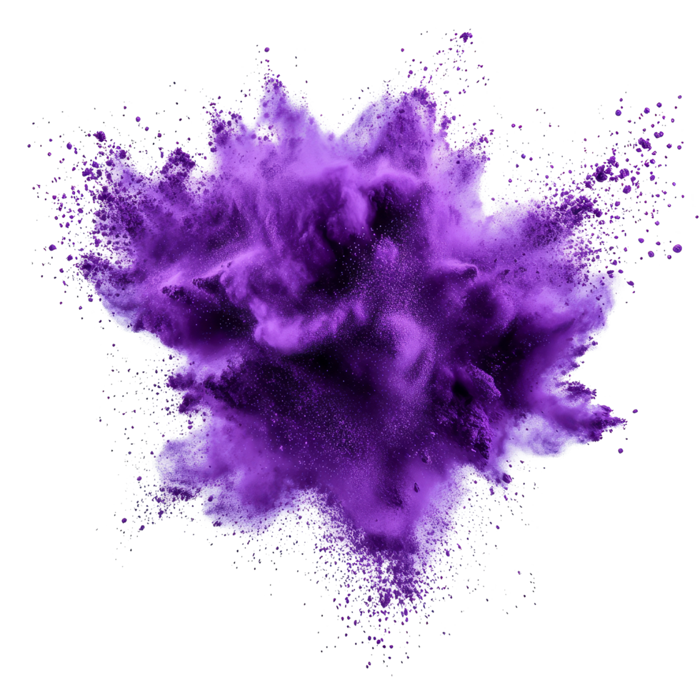 Violet powder explosion creating a vibrant cloud on a transparent background for artistic and design use, violet color powder explosion isolated on transparent background png