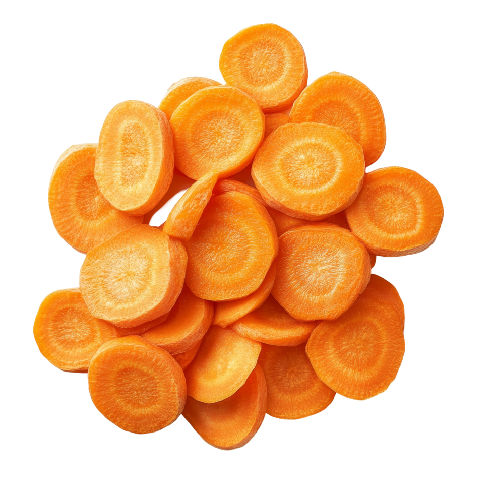 Freshly sliced carrot rounds on a transparent background showcasing vibrant orange color and natural texture, Carrot slices on transparent background png