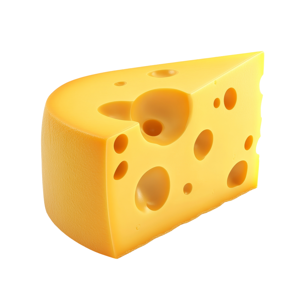 A single piece of yellow cheese with holes on a transparent background highlighting its texture and shape, single cheese piece 3d isolated on transparent background or transparent backgroud png
