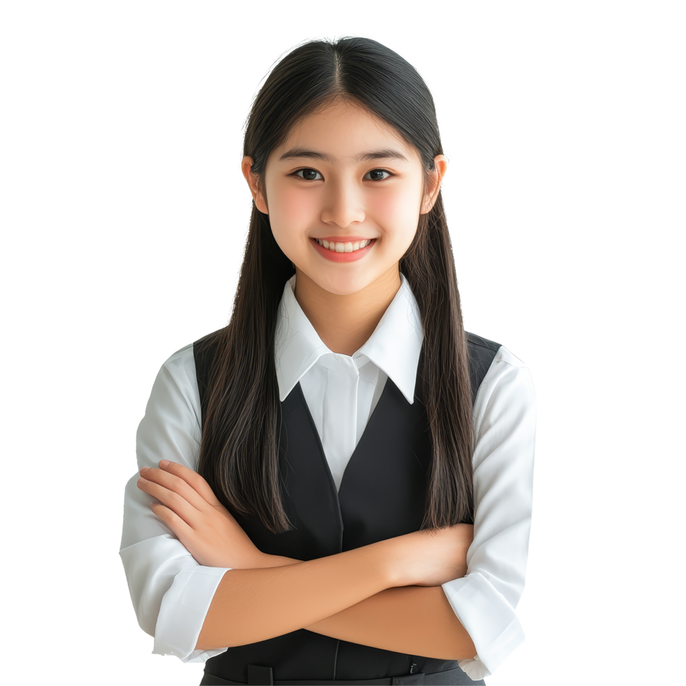 Happy Asian student girl in school uniform with arms crossed, smiling confidently against a plain background, Happy braces Asian student girl in school uniform arm crossed png
