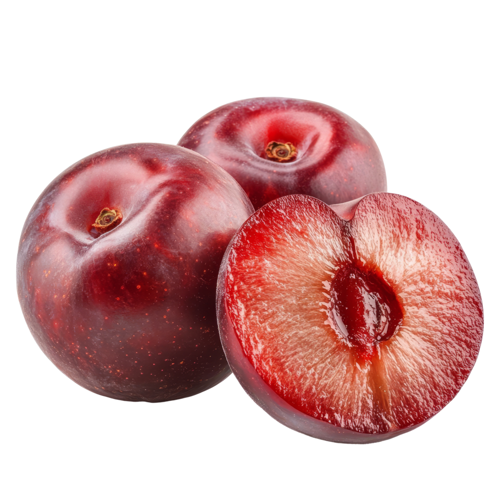 Fresh red cherry plums showcasing vibrant color and juicy interior isolated on a clean transparent background, Red cherry plum isolated on transparent background png
