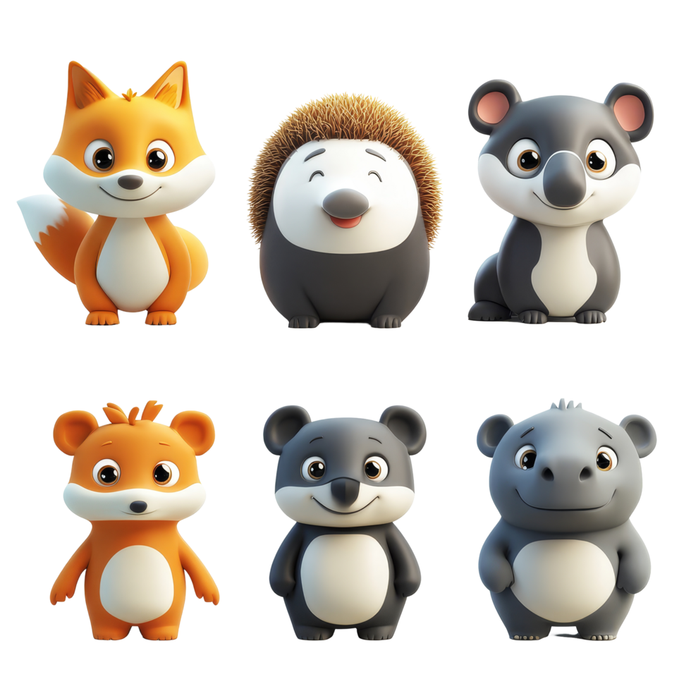 Cartoon animal characters including a fox, hedgehog, and hippo in a playful gathering, 3D Cartoon Animals Characters Fox, Hedgehog, Hippo, Koala, and Panda On transparent background png