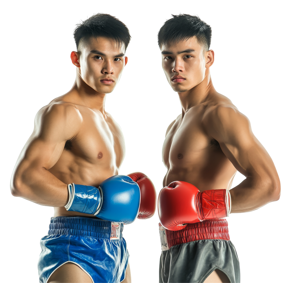 Professional Asian boxers posing before a match while wearing colorful gloves and shorts, Asian Professional Boxers Ready to Fight on transparent background png