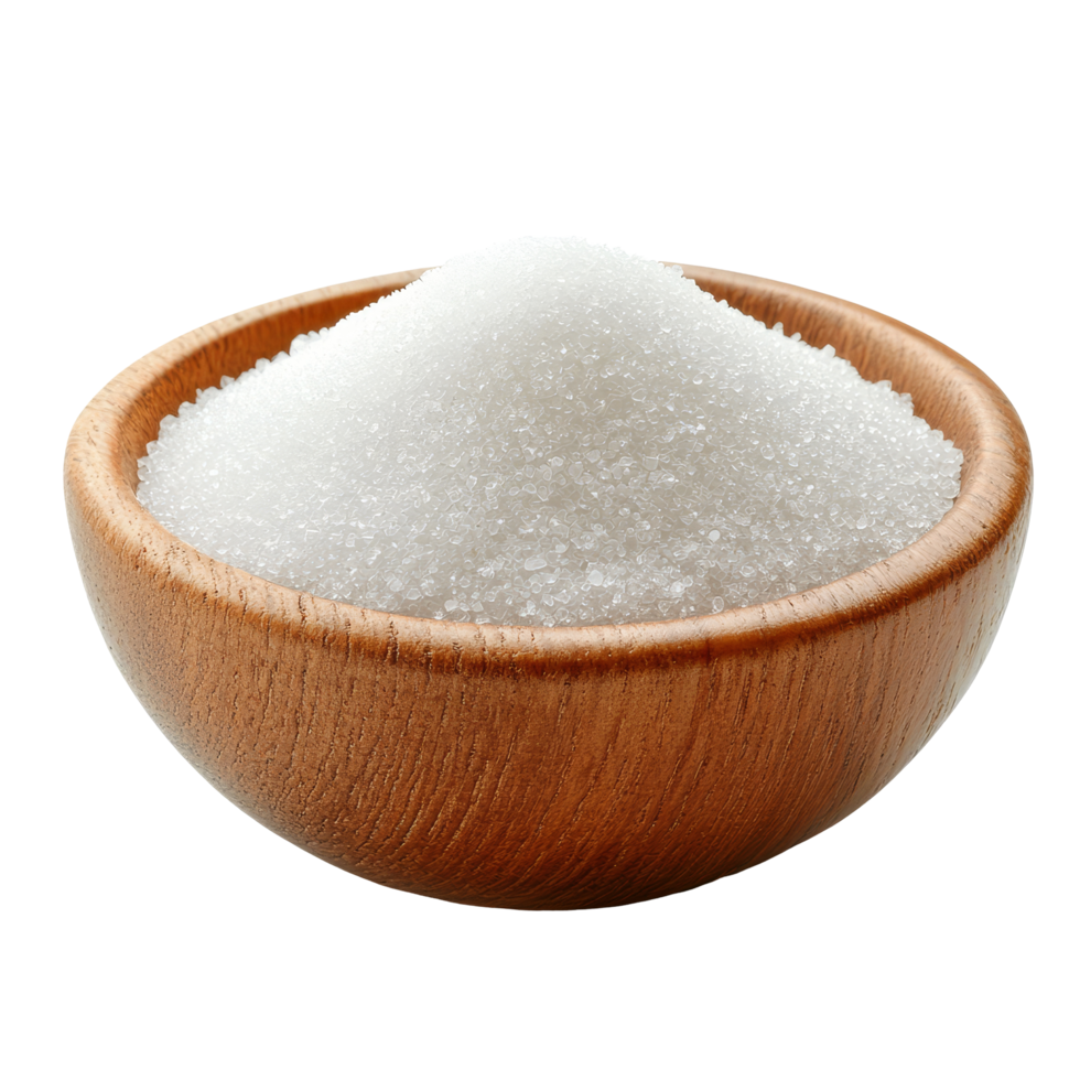 transparent sugar mounded in a wooden bowl resting on a clean transparent background in a bright kitchen setting, transparent sugar in wood bowl on transparent background png