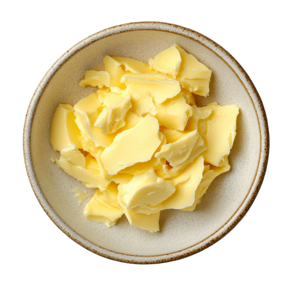Creamy butter arranged in a beautiful ceramic plate on a stylish transparent tabletop, butter in ceramic plate beautiful shape on transparent background png