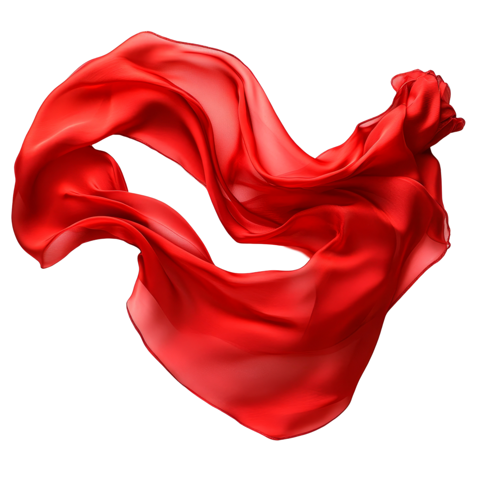 Flowing red silk cloth elegantly sways against a clean transparent background, creating a striking visual contrast, Red Silk Cloth in Motion On transparent background png