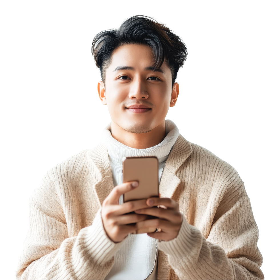 Attractive young Asian man smiling while using a mobile device in bright indoor setting, Attractive young smart Asian man using mobile smart phone transparent background png
