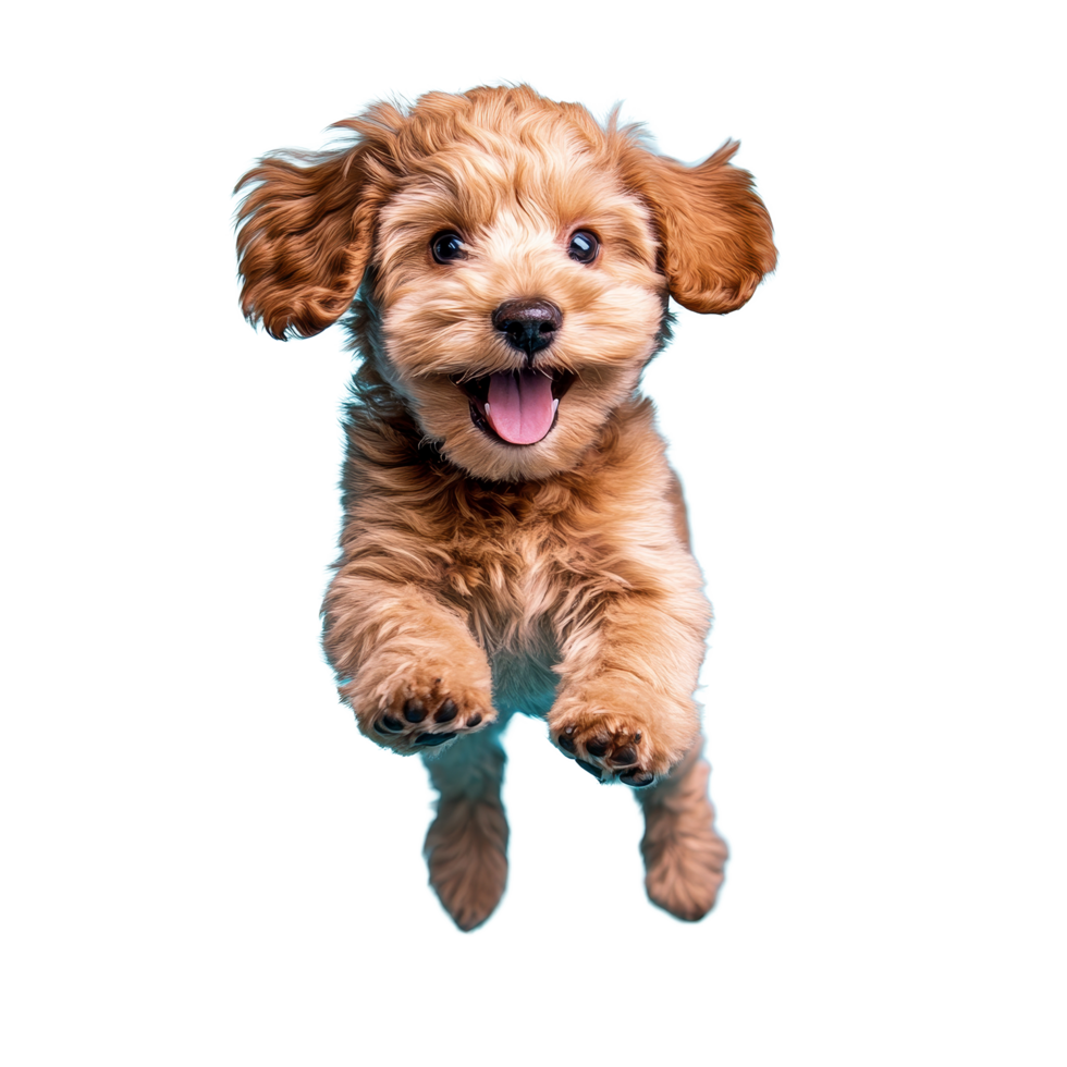 Happy Cavoodle puppy jumps joyfully against a bright blue background in an energetic display of playfulness, Happy Cavoodle Cavapoo Puppy Dog Runs and jumps isolated on blue cyan background png