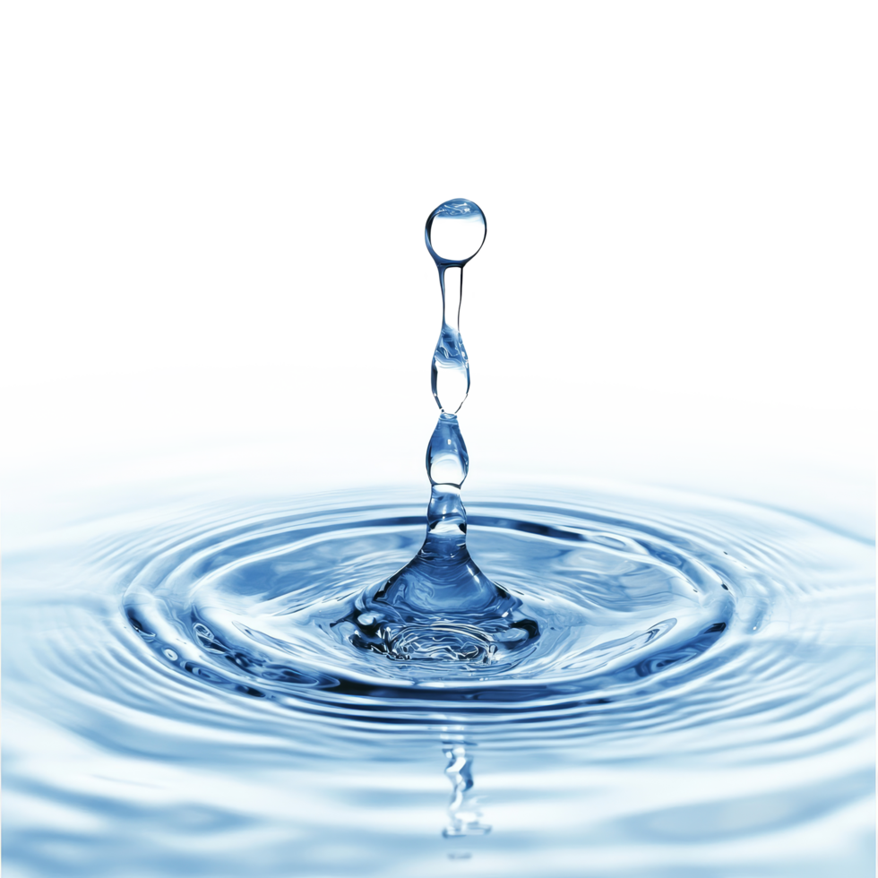 A clear water droplet splashes on a transparent background creating ripples in a calm aqueous setting during daylight, wateron transparent background png