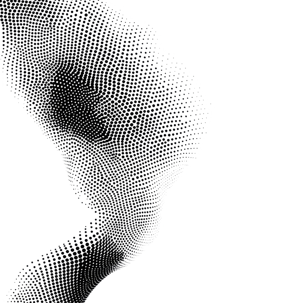 A captivating wave of flowing dot particles creates a halftone, Flowing dot particles wave halftone black gradient smooth curve shape isolated on transparent background. in concept of technology, png