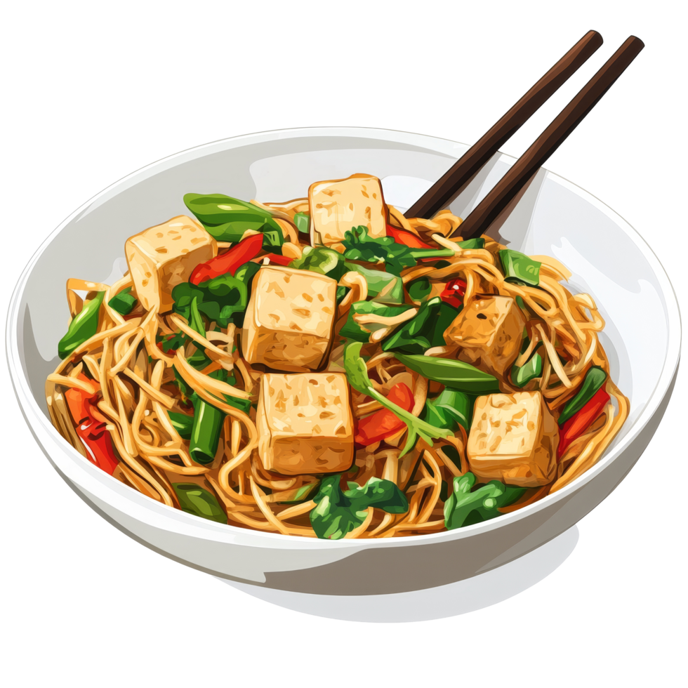 Delicious stir-fried rice noodles with tofu and vegetables served on a transparent background in a vibrant dish, Stir Fried Rice Noodle with tofu on transparent background png