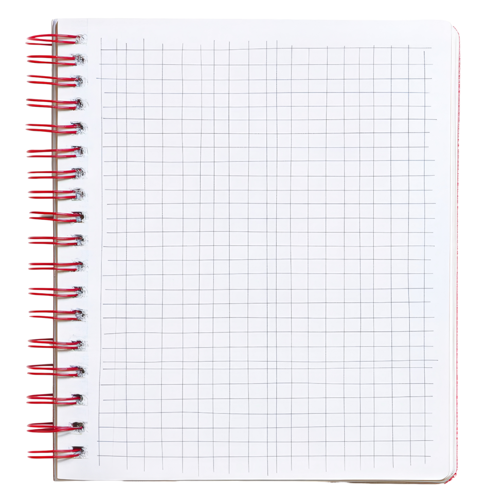A blank grid notebook with a looped spine ready for notes and sketches on a bright workspace, The notebook has grid lines with a looped spine on transparent backgroundfile png