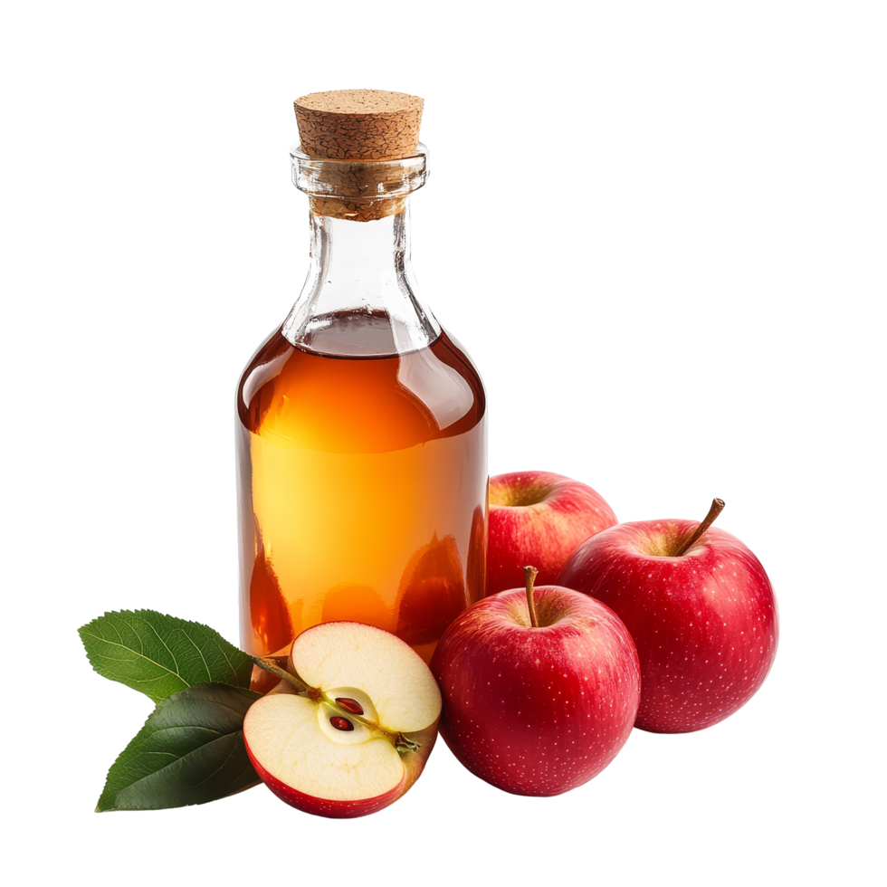 A bottle of apple cider vinegar surrounded by fresh red apples on a clean transparent background, Bottle of apple cider vinegar with fresh red apples png