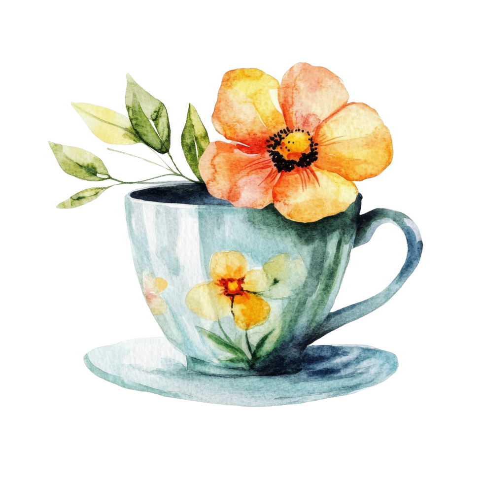 A delicate watercolor cup adorned with vibrant flowers resting on a transparent backdrop, cup with flower isolated on transparent background png