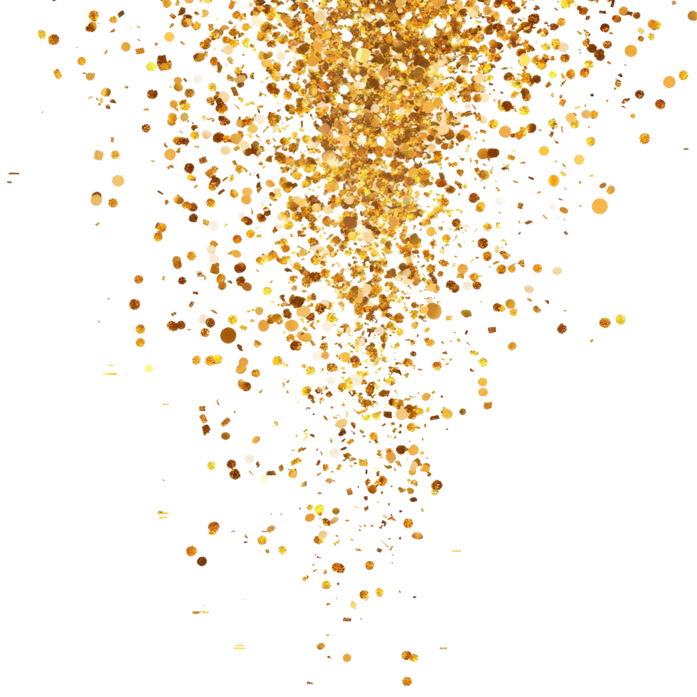 Elegant golden glitter confetti falling against a bright background for celebrations and special occasions, Elegant Golden Glitter Confetti Celebration Sparkle Overlay on transparent background png