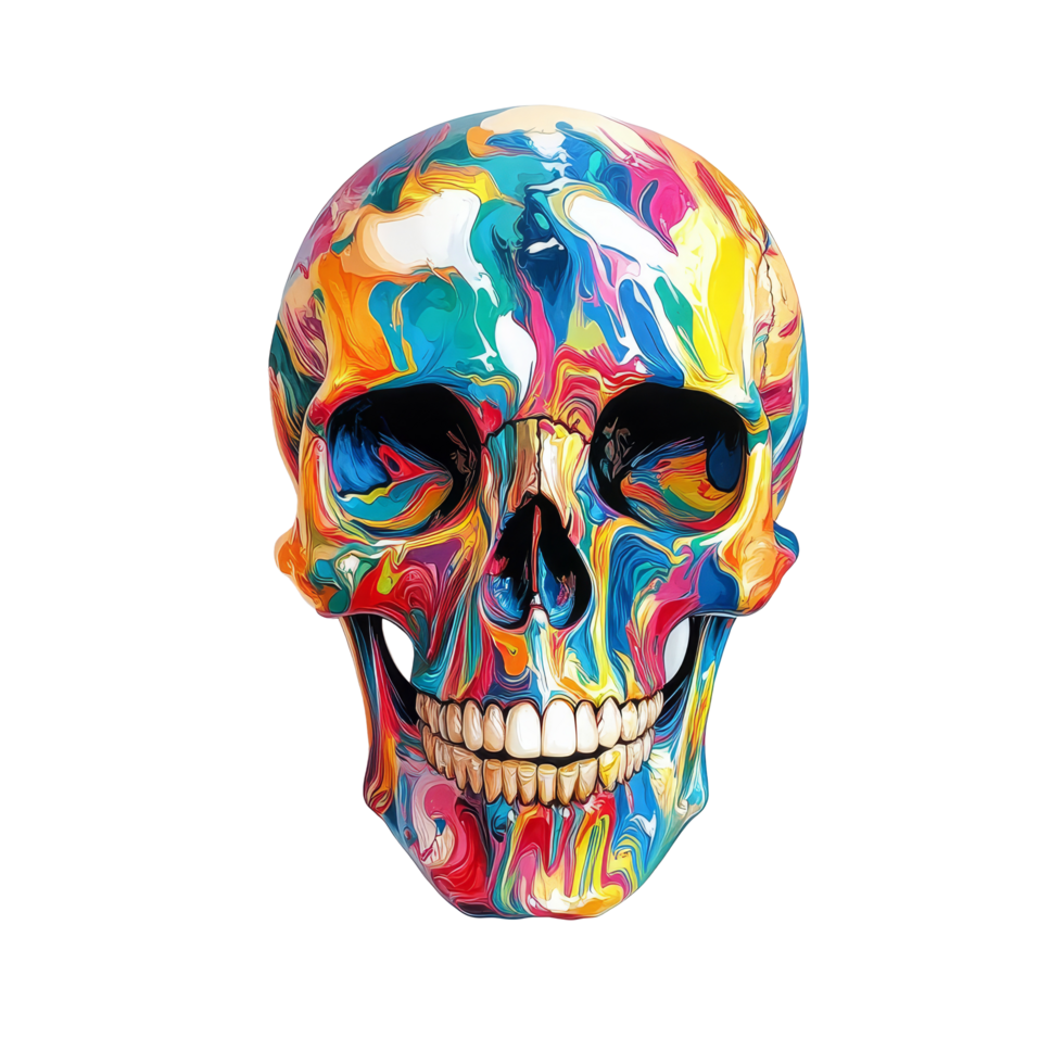 Colorful artistic skull design on a transparent background showcasing vibrant patterns and intricate detailing from a creative perspective, Colorful skull on transparent background. Skull transparent background png