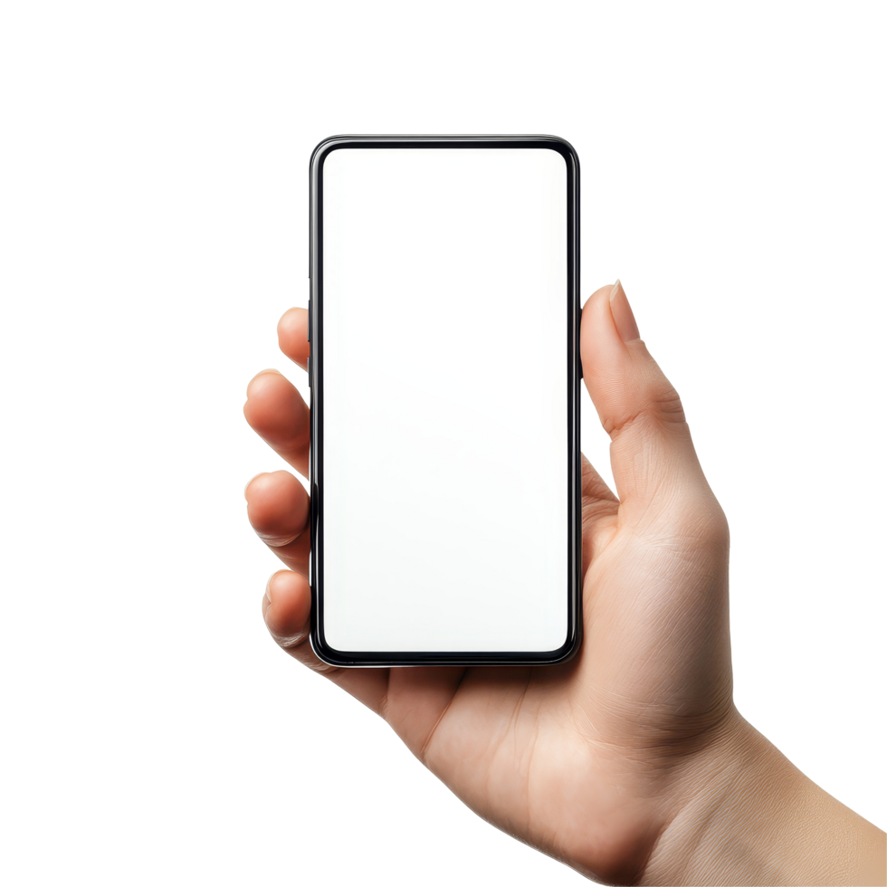 Hand holding a mobile phone mockup against a clean background, suitable for showcasing app designs or digital content, Hand holding horizontal mobile phone screen mockup, smartphone isolated on transparent png