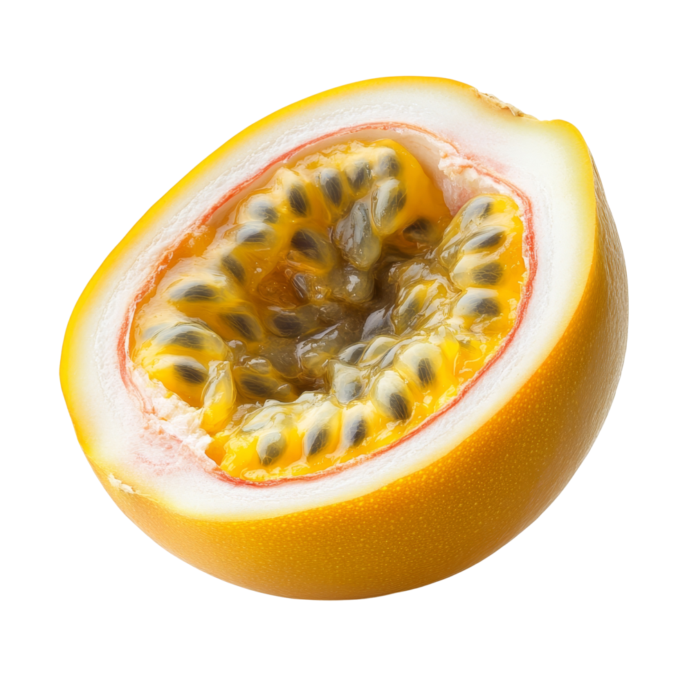Half yellow passion fruit isolated on a plain transparent background showcasing its vibrant interior and unique texture, Half yellow passion fruit isolated on transparent background png