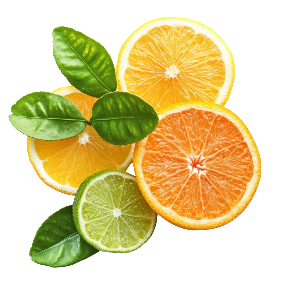 Freshly cut citrus fruits including orange, lemon, lime, and bergamot on a transparent background for culinary use, orange lemon lime bergamot isolated on transparent background png