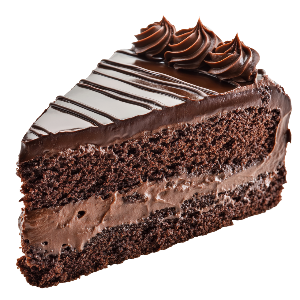 Decadent chocolate cake slice isolated on a transparent background showcasing rich layers and creamy frosting, chocolate cake... 
