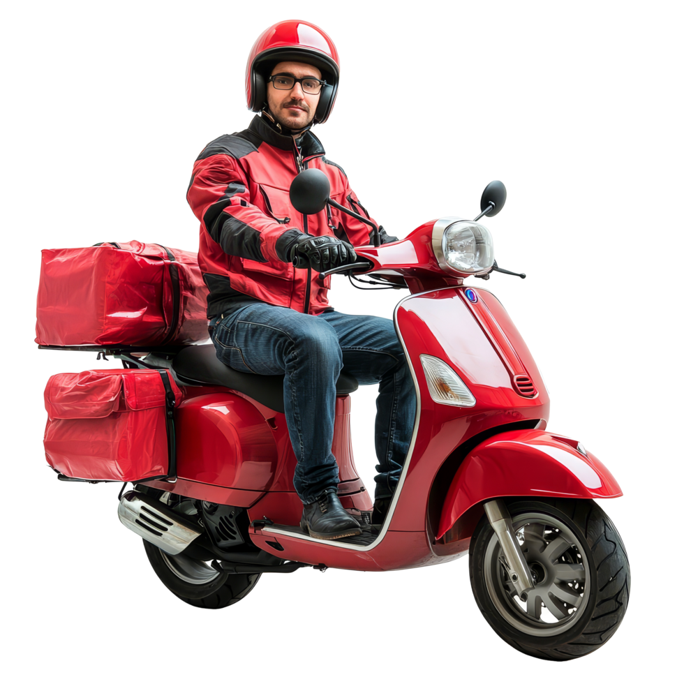 A delivery man riding a red scooter with packages on a transparent background, a delivery man on his scooter on transparent background png