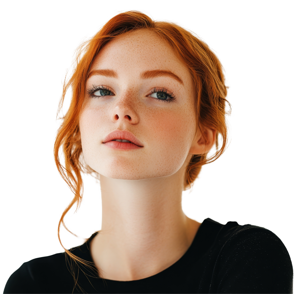 Portrait of a beautiful redhead woman with tousled hair against a transparent background, exuding confidence and grace, portrait of a beautiful redhead woman isolated on transparent background png
