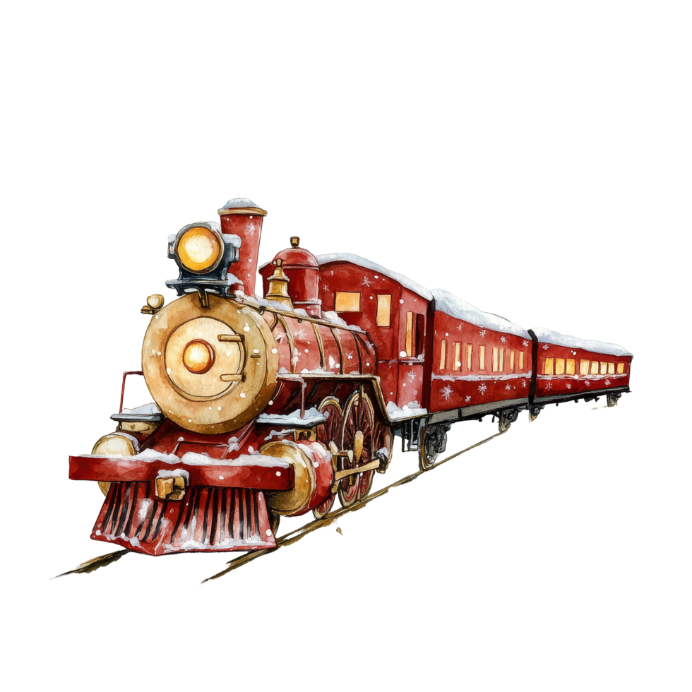 A festive watercolor illustration of Santa's train traveling through a snowy landscape with evergreen trees, Watercolor santa's train illustration on transparent background png