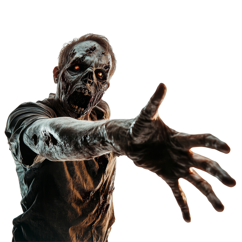 A horror zombie reaches out for its victim against a stark transparent background in a chilling moment, Horror Zombie Reaching his Victim on transparent background png