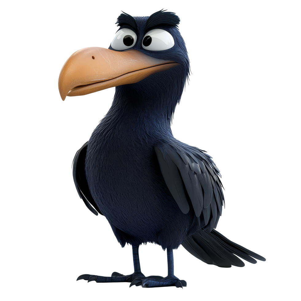 Cartoon raven characters standing on a transparent background showing unique features and expressions, 3D Cartoon Raven Characters On transparent background png