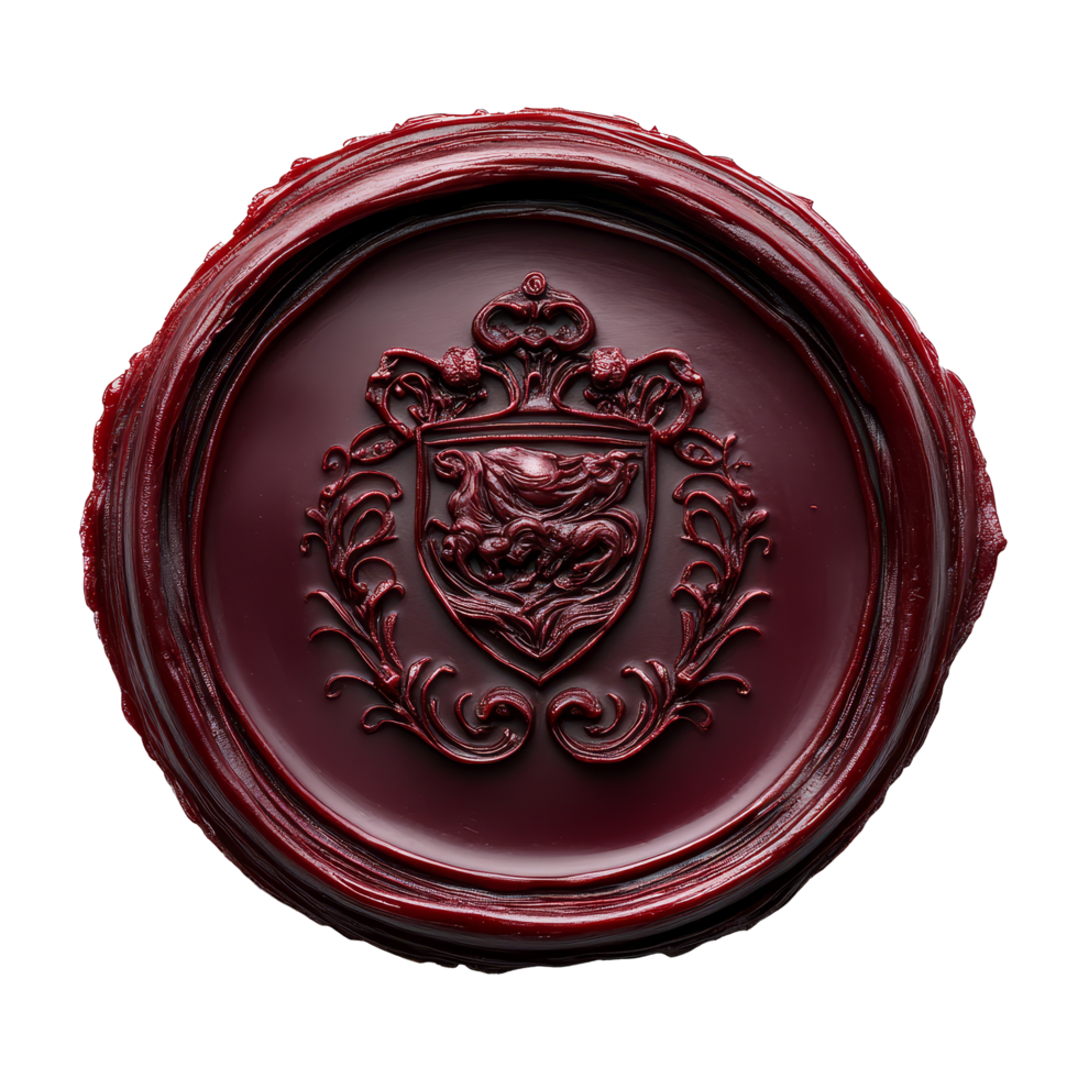 Elegant red wax seal with intricate design showcasing a royal crest and floral motifs, ideal for invitations or letters, Wax seal isolated png