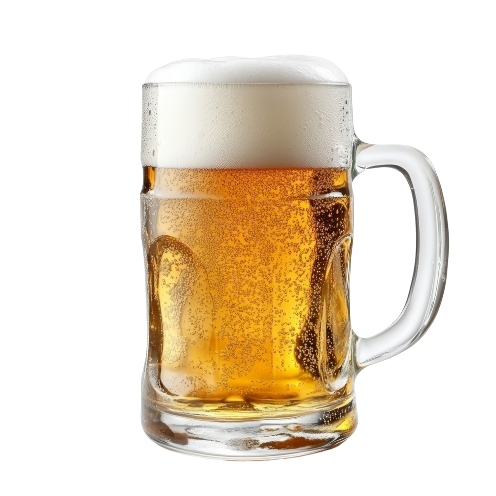 Refreshing lager beer in a clear glass mug with frothy head on a transparent background, red torn paper isolated on transparent background png