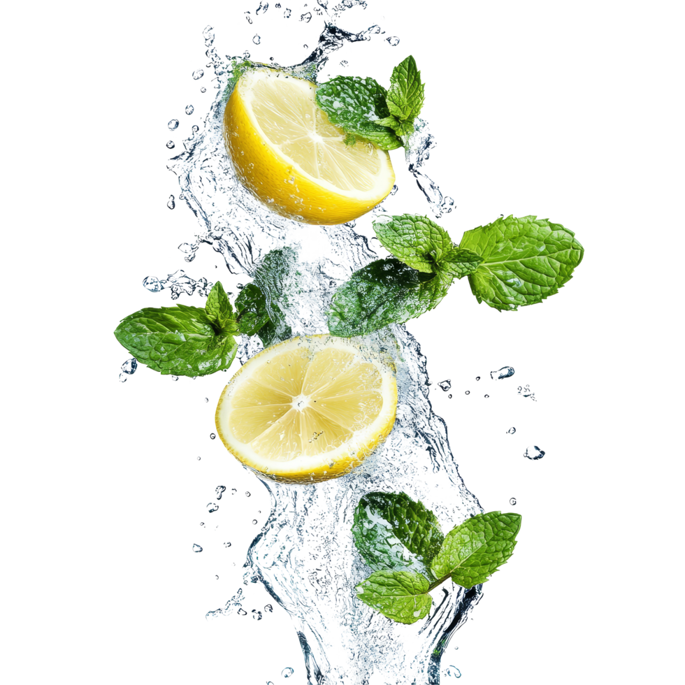 Fresh lemon slices and mint leaves splashing in clear water, creating a refreshing visual experience, Lemon and fresh mint leaves splashing with water png