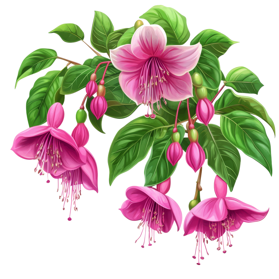Vibrant fuchsia flowers blooming against a pristine transparent background showcasing nature's beauty and elegance, Fuchsia flowers bush on transparent background png