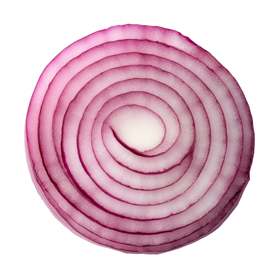 Freshly sliced red onion showing vibrant rings on a clean transparent background ready for culinary use, fresh slice red onion on transparent background png