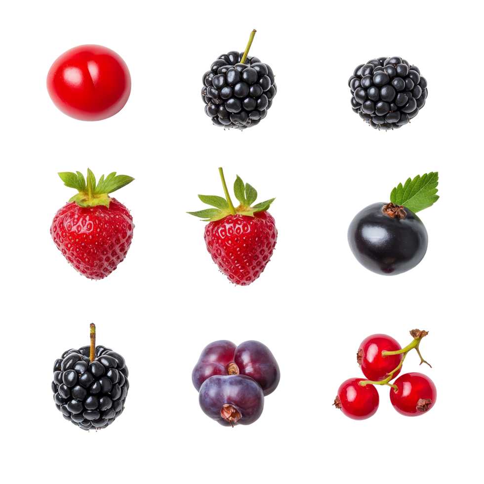 A vibrant collection of fresh berries including strawberries, blackberries, and currants arranged on a transparent background in a creative layout, beef on leaves top view isolated on transparent background png