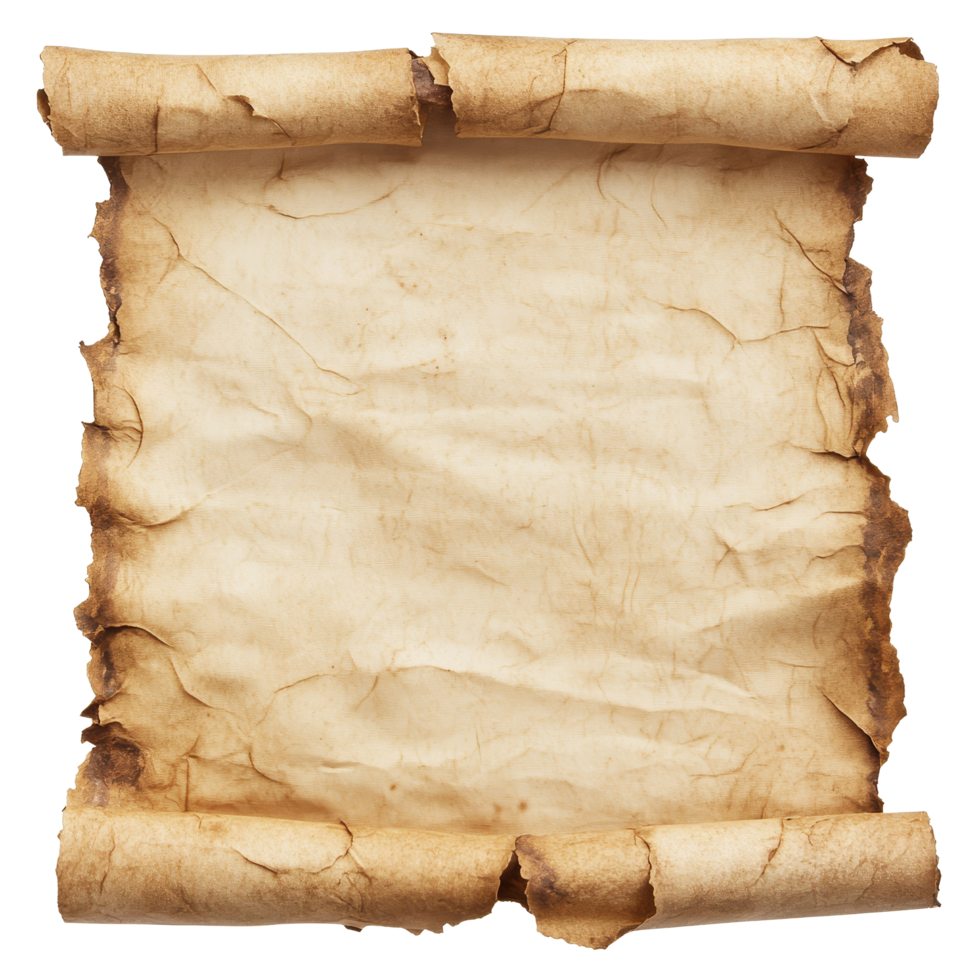 Antique parchment paper with aged texture and scroll edges, perfect for artistic projects or historical presentations, Vintage old parchment paper transparent background. Parchment paper transparent background png